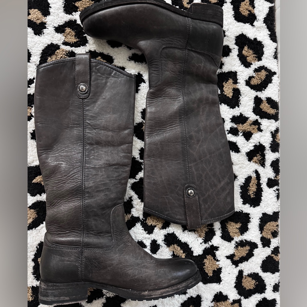 Frye Women's Melissa Button Lug Tall Boots In A Dark, Waxy Burnished Leather.